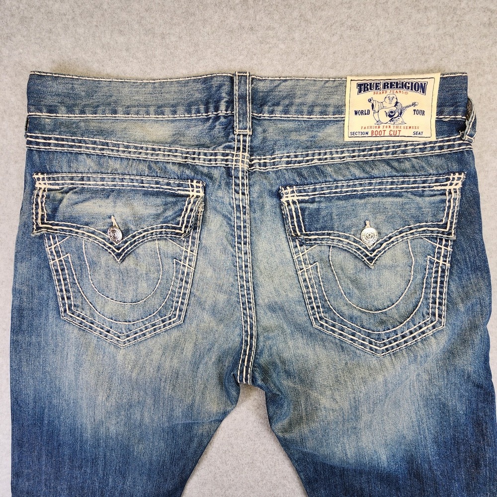 True Religion Super T Jeans Mens 36x34 Bootcut Flap Pockets Denim Blue